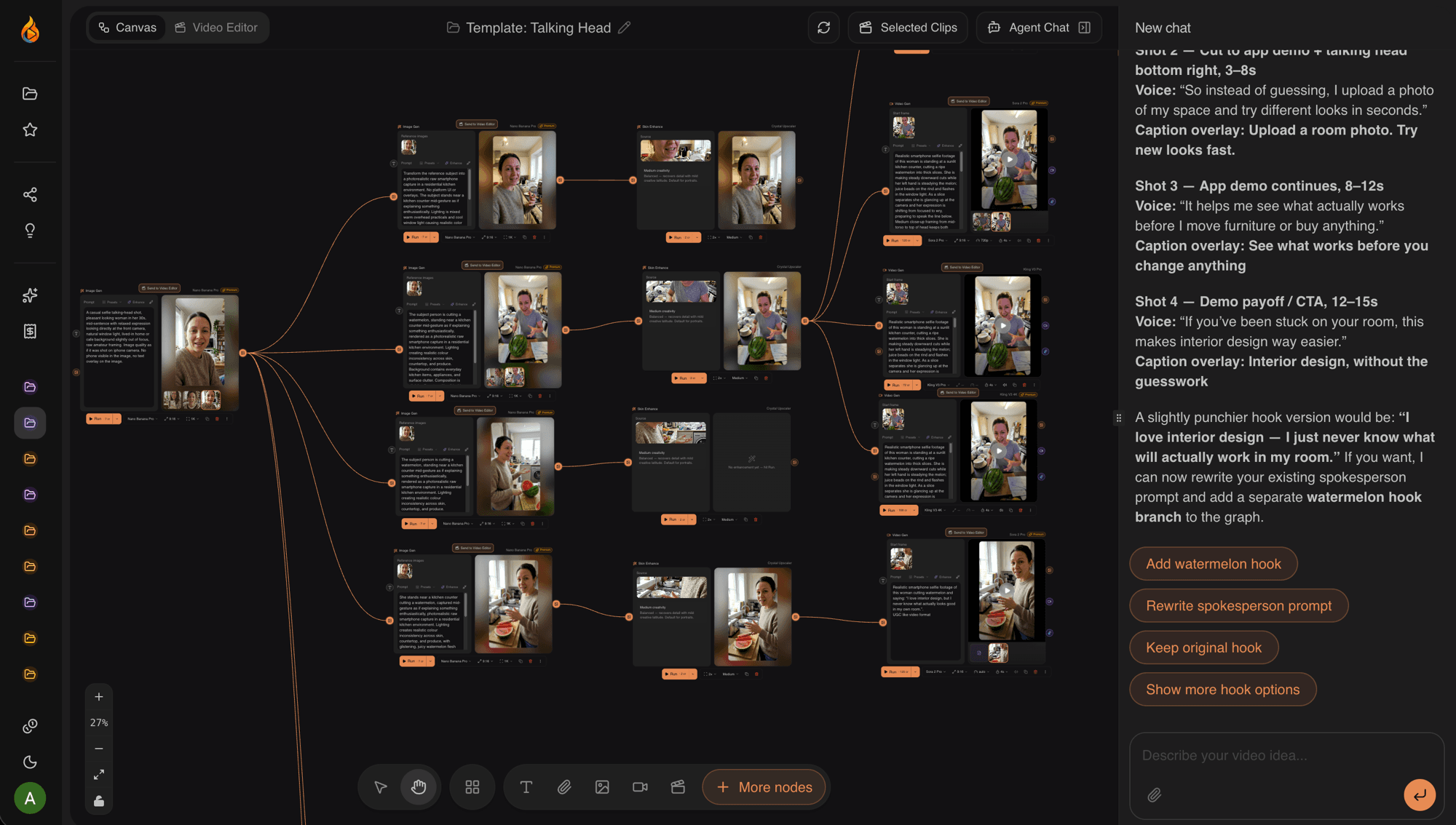Flaris canvas — node-based AI video workflow with agent chat