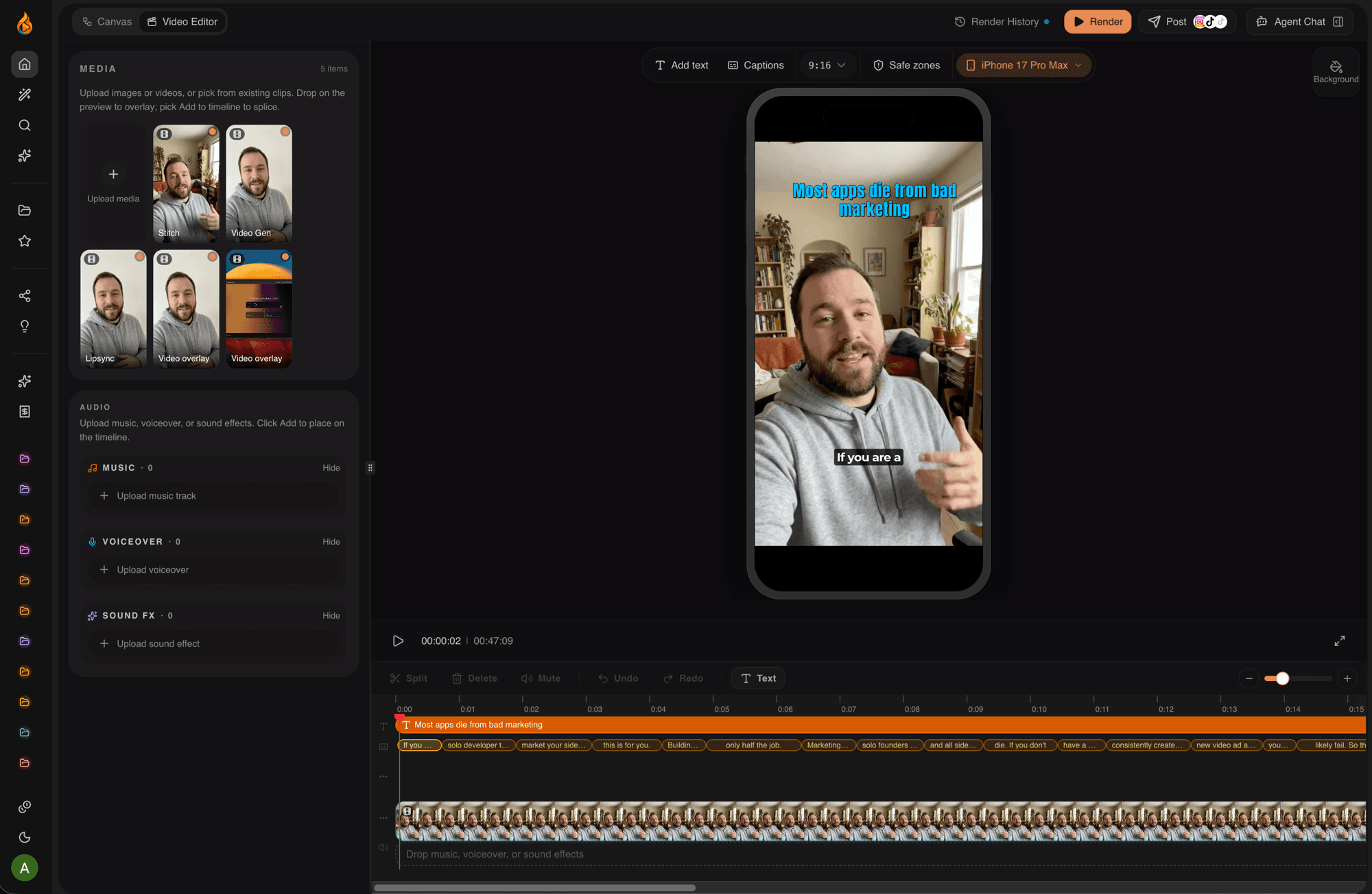 Flaris video editor — captions, timeline, phone preview